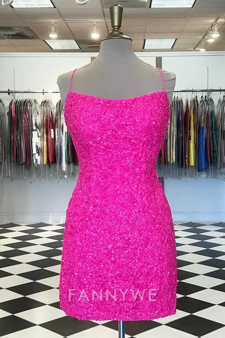 FannyWe Simple Hot Pink Sequin Lace-Up Mini Cocktail Dress formal wear dresses